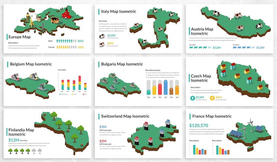 3D立体插画欧洲各个国家地图及特点描述PPT模板 - PPT派
