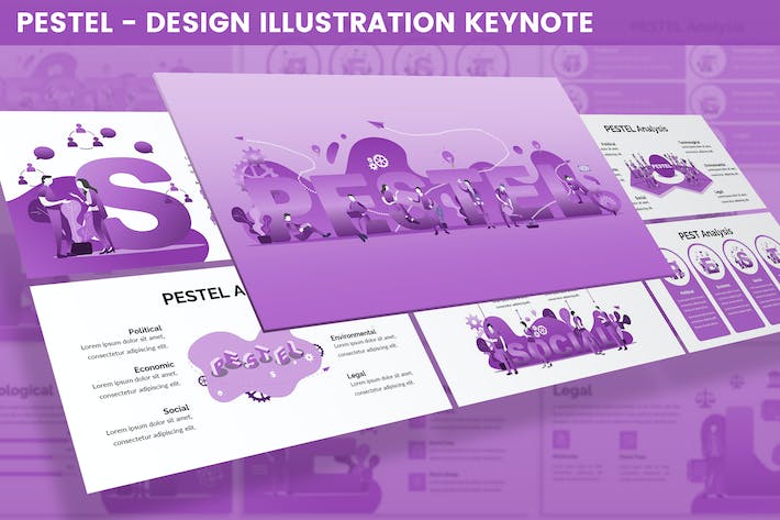 紫色PESTEL设计分析主题Keynote插画图表 - PPT派