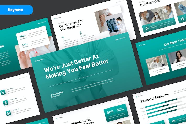 蓝绿色医疗药房健康宣传Keynote模板 - PPT派