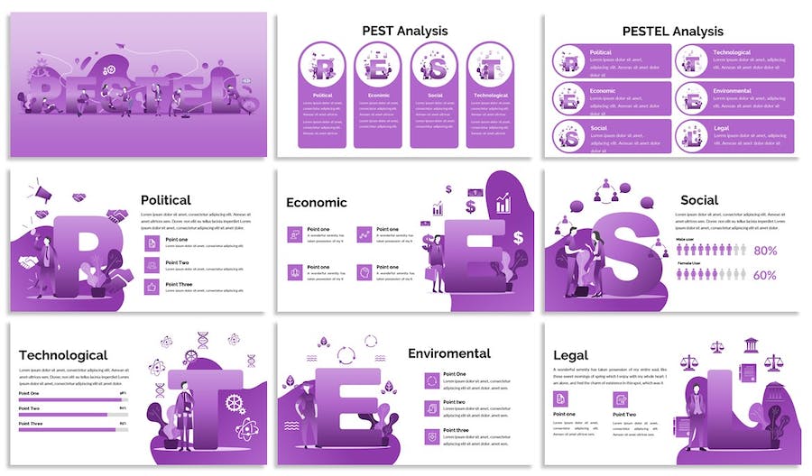 紫色PESTEL设计分析主题Keynote插画图表 - PPT派