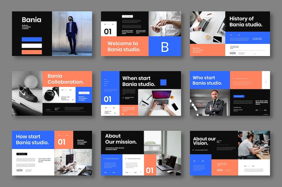 蓝色图片网格商务宣传Keynote模板 - PPT派