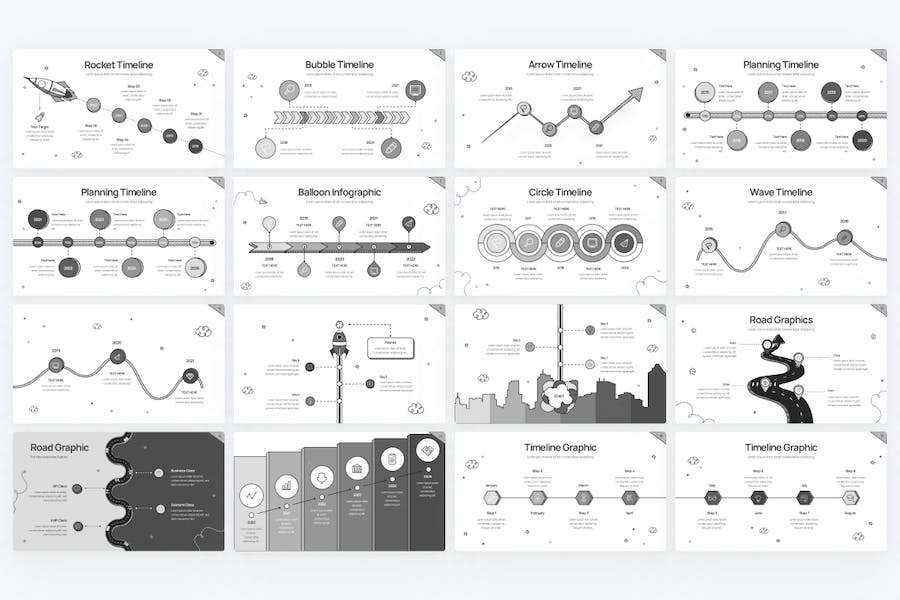 黑白涂鸦风格时间轴流程图PPT模板 - PPT派