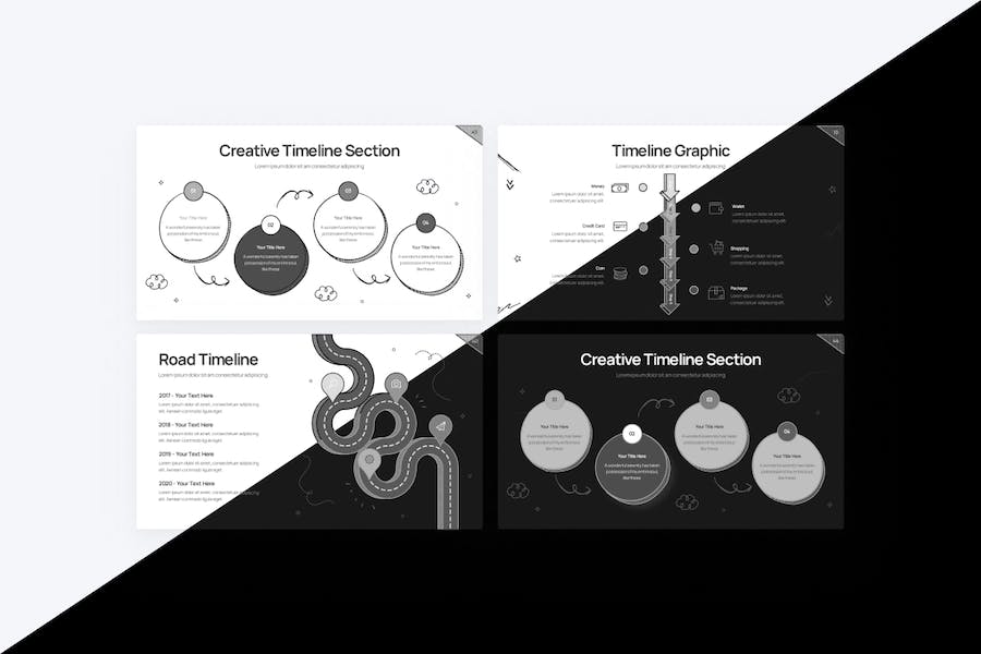 黑白涂鸦风格时间轴流程图PPT模板 - PPT派