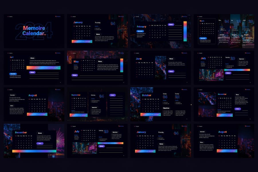 2024新年工作规划工作日期记录2024年日历keynote模板_memoire2024calendarkeynotetemplate