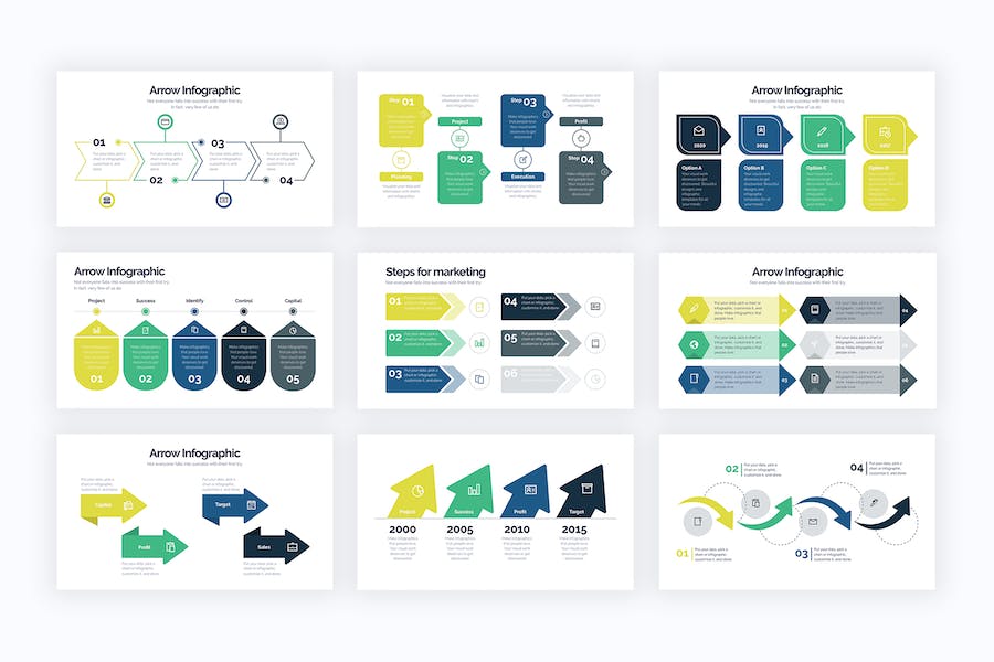 绿色商业箭头流程图信息图PPT模板 - PPT派