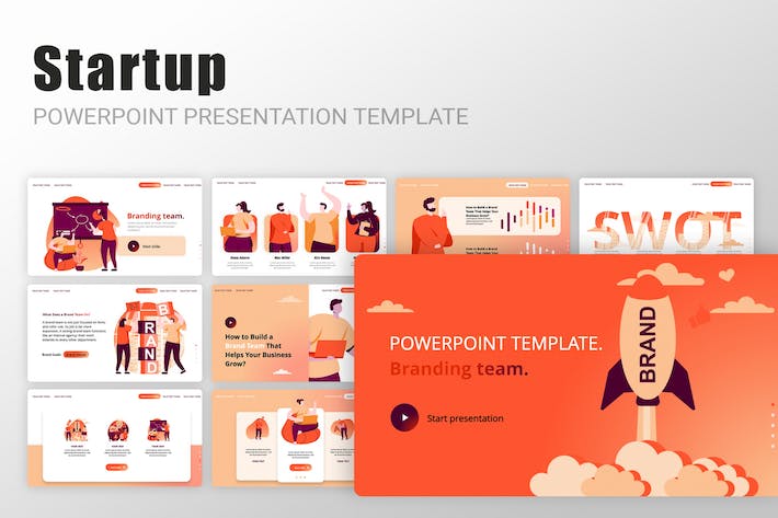 橙色创业启动项目矢量插画PPT模板 - PPT派