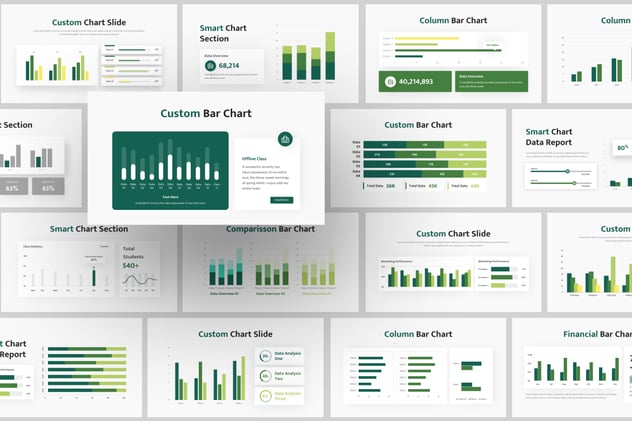 多种样式绿色条形图形数据展示PPT模板 - PPT派