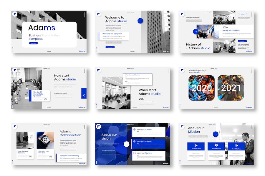 蓝白色图片网格商务提案Keynote模板 - PPT派