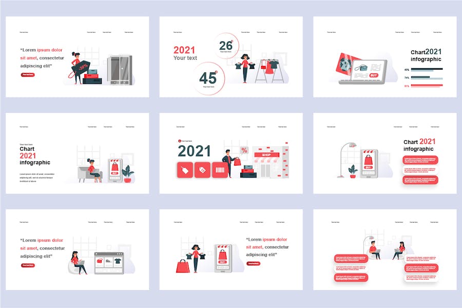 电商购物平台在线交易营销插画PPT模板 - PPT派