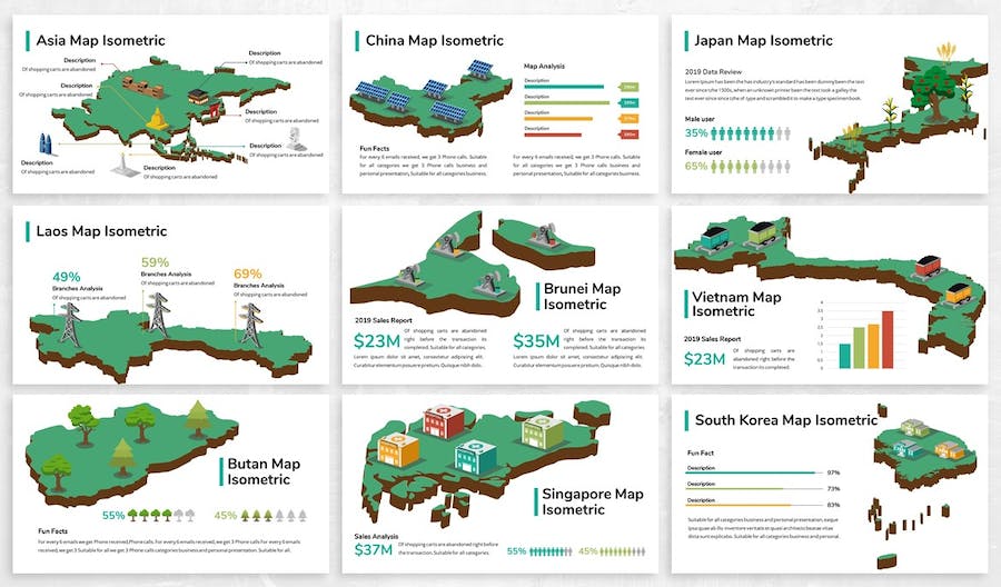 3D立体风格亚洲各国地图及特色展示keynote模板 - PPT派