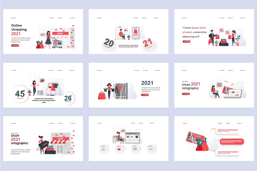 电商购物平台在线交易营销插画PPT模板 - PPT派